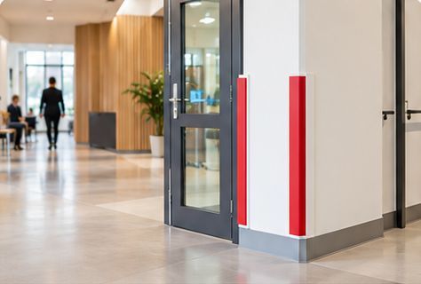Hall de bâtiment dont les angles de murs sont protégés par des protections rouges