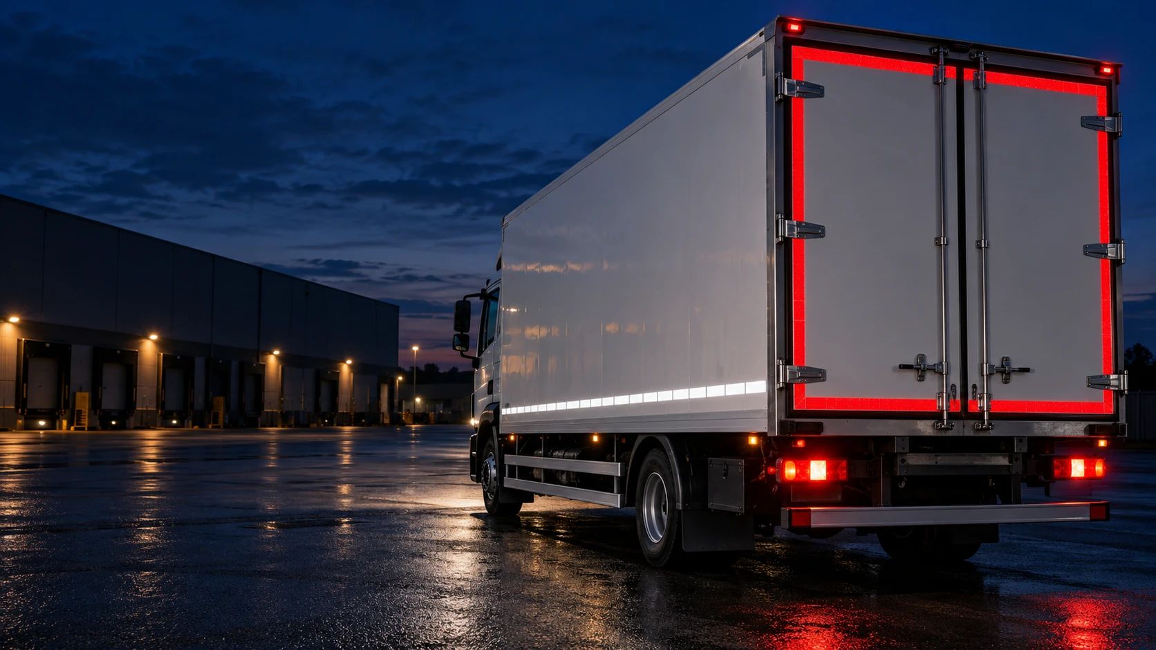 Camion de nuit dont l’arrière et le flanc sont soulignés de bandes réfléchissantes