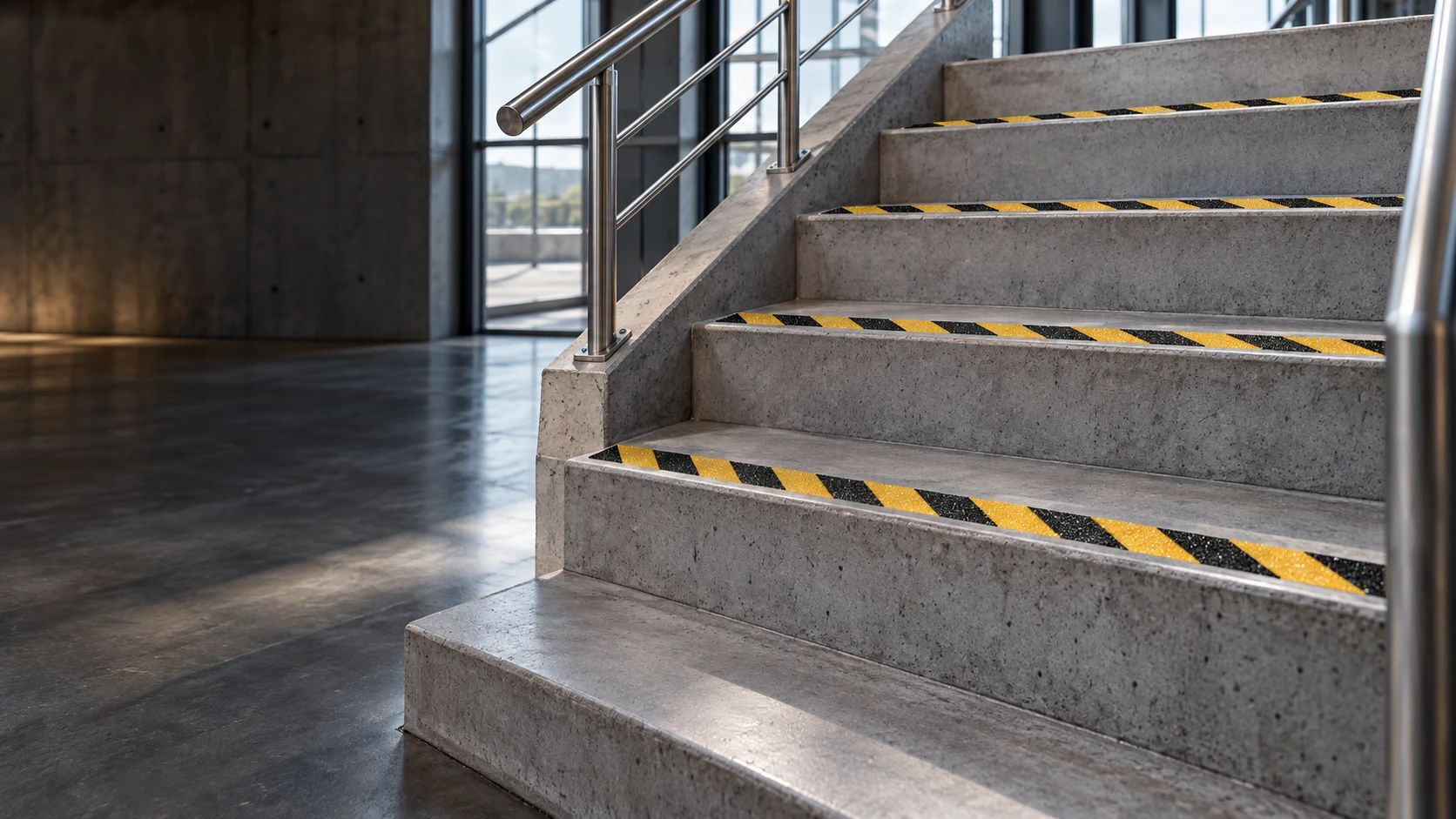 Escalier en béton dont chaque marche porte une bande antidérapante noire et jaune
