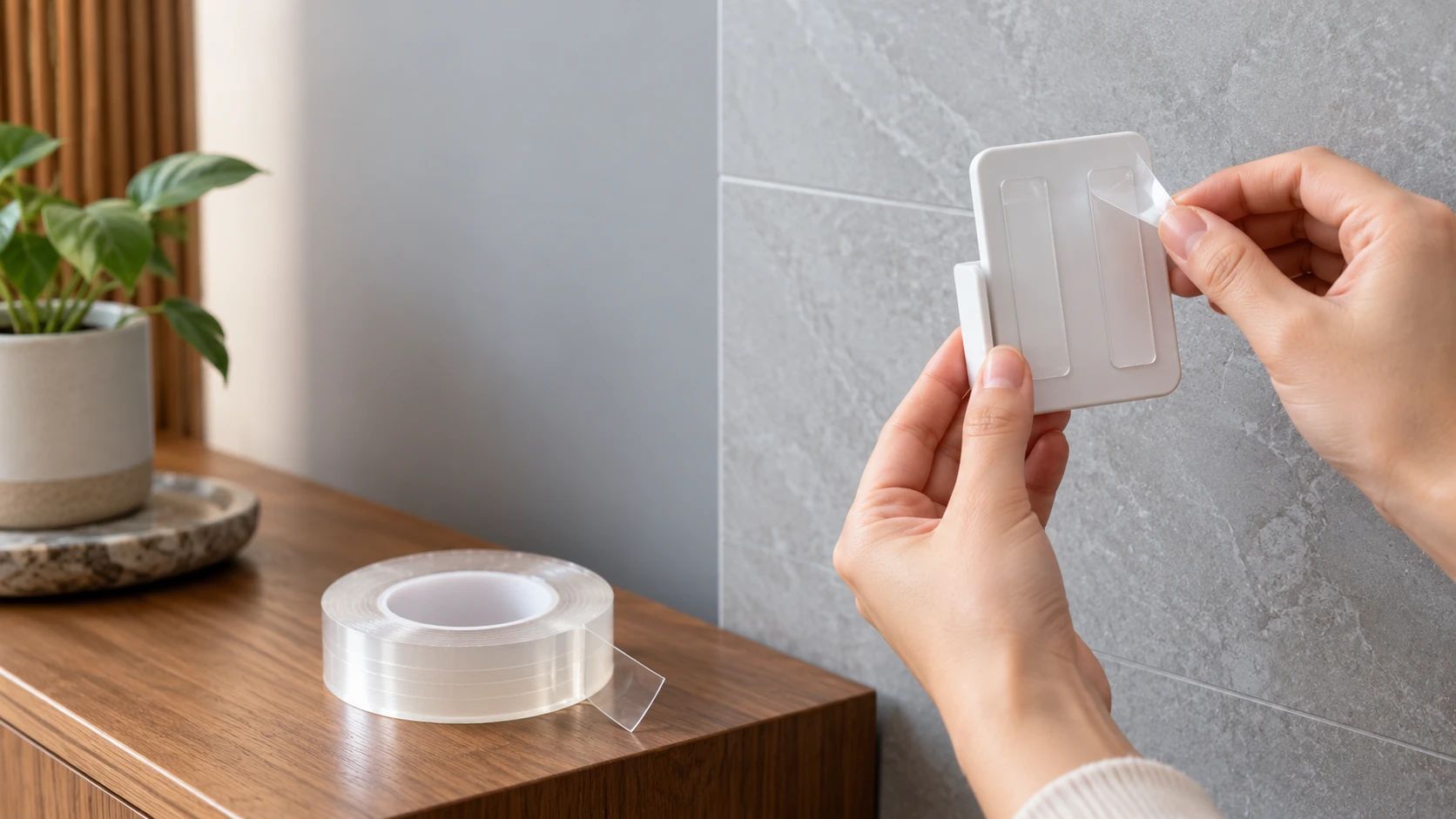 Mains fixant un support blanc sur un mur carrelé avec un ruban double face transparent