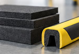 Plaques de mousse noire et profilé de protection jaune et noir