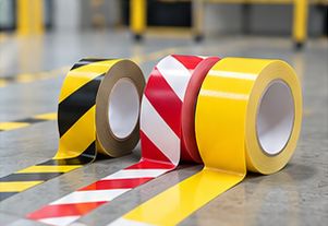 Rouleaux de ruban de marquage au sol jaune et noir, rouge et blanc, et jaune